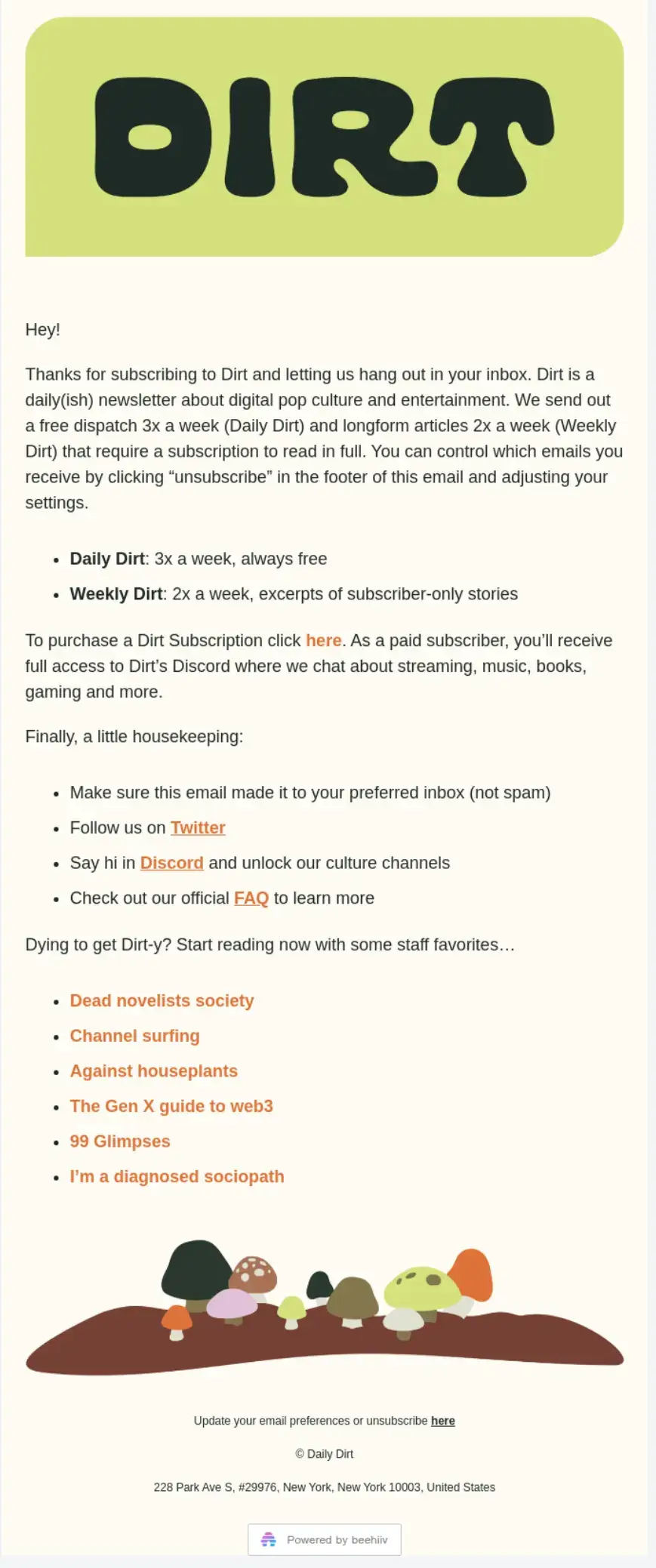 Dirt Welcome Email