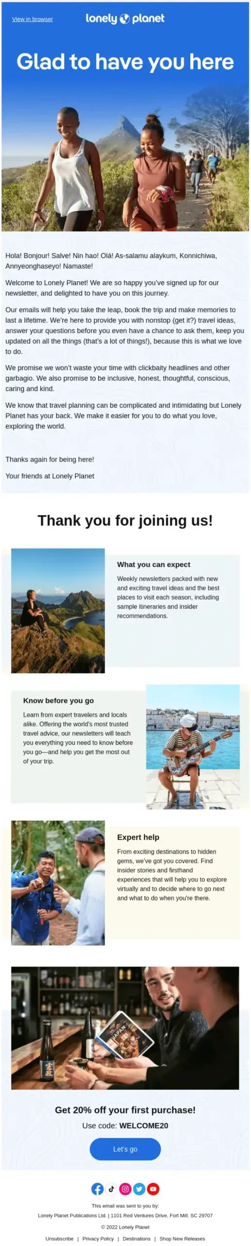 LonelyPlanet Welcome Email